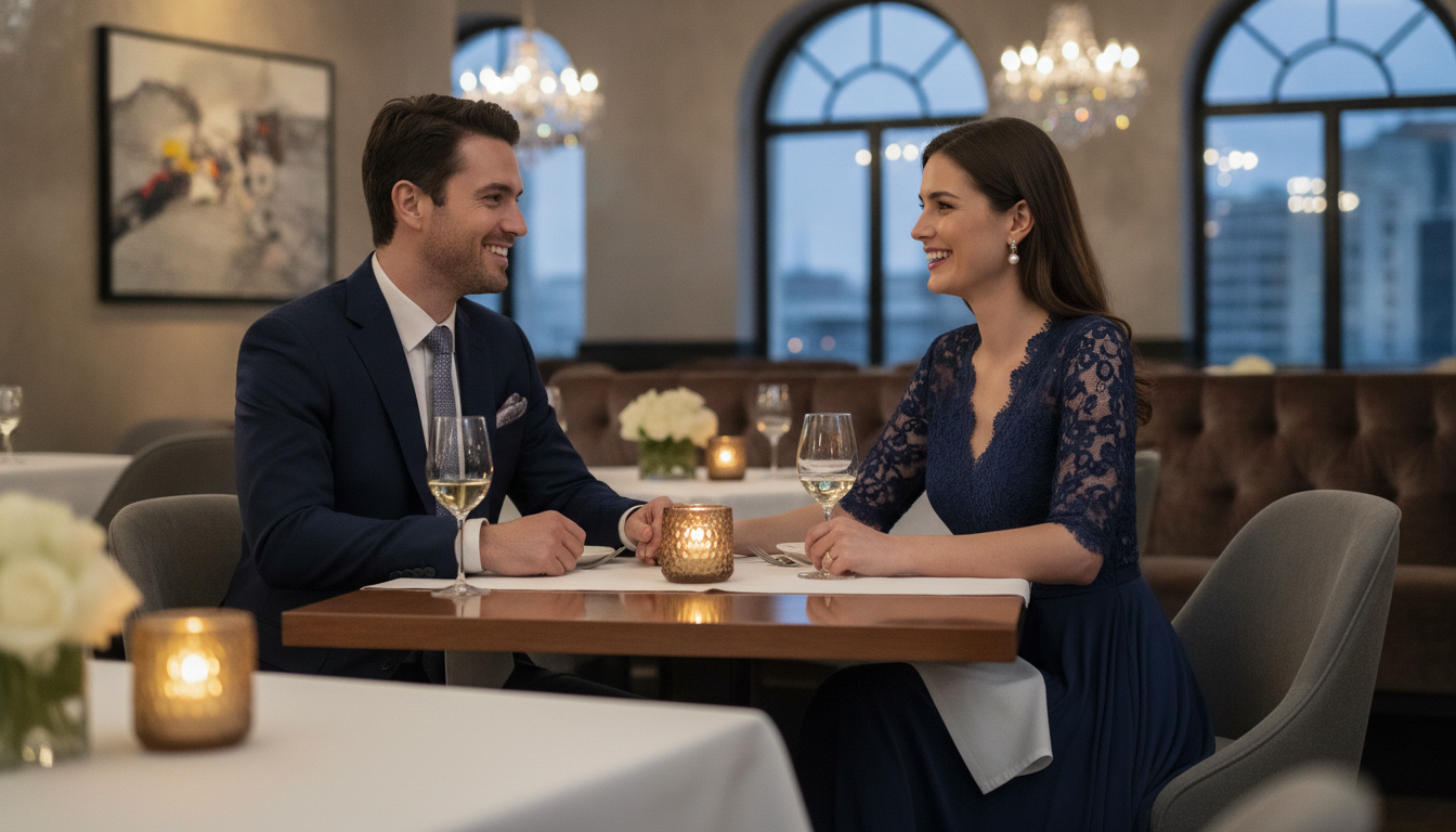 Gut gekleidetes Paar trifft sich erstmals in elegantem Restaurant bei Kerzenlicht