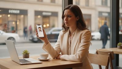 Frau betrachtet skeptisch ein Dating-Profil auf ihrem Smartphone im Café