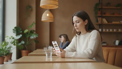 Frau prüft nachdenklich ein Dating-Profil auf ihrem Smartphone im Café
